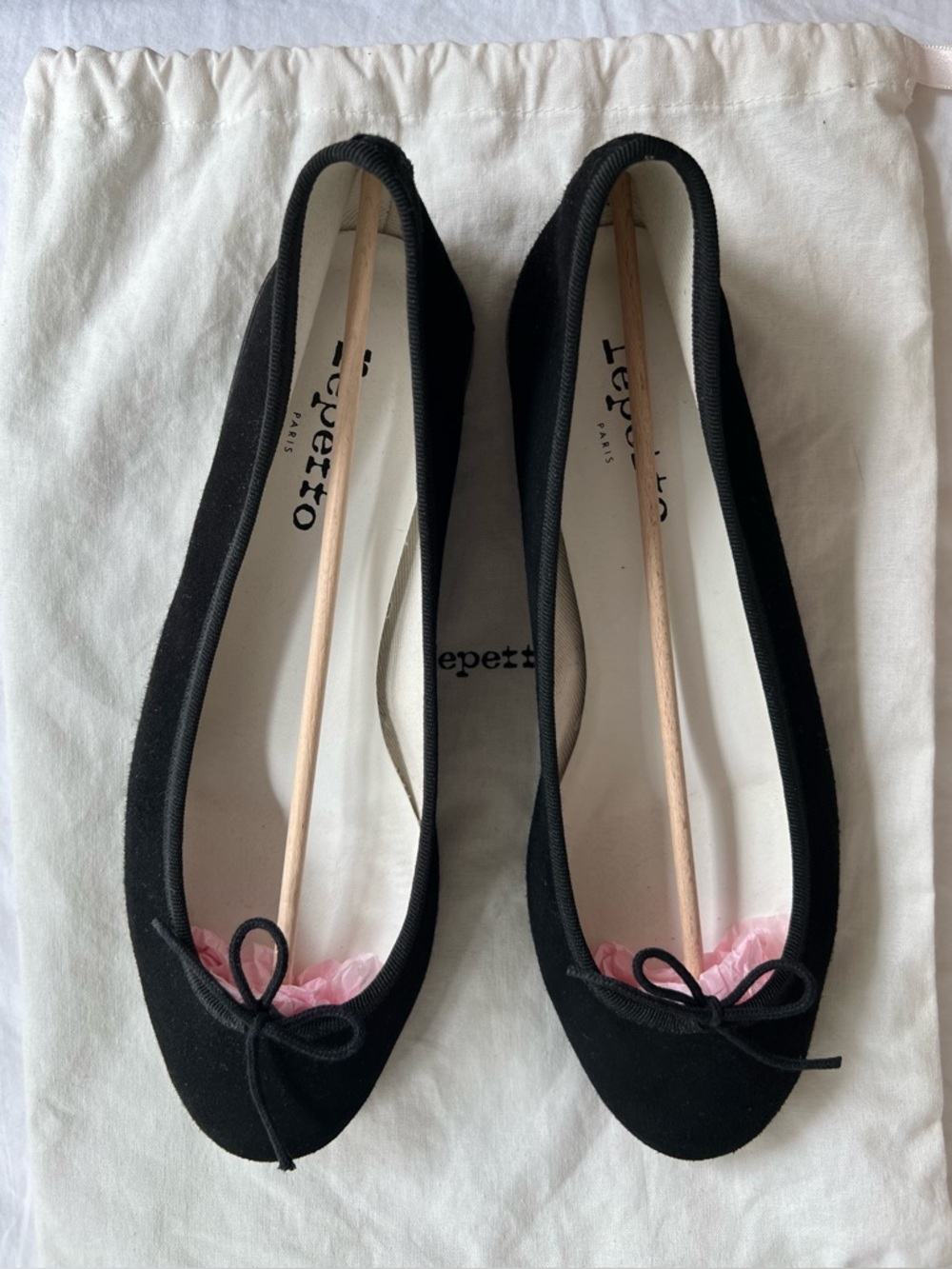 Repetto Black Suede Ballet Flats with Bow Trim